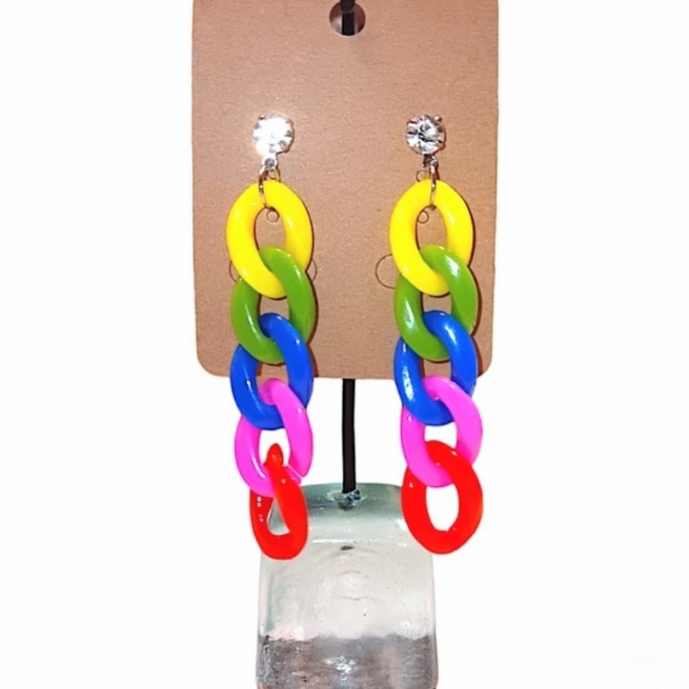 HANDMADE Multicolor 80s Style Retro Chain Link & Rhinestone Post Dangle Earrings